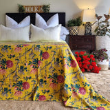 Mustard Peony Kantha Bedspread Coverlet - Mustard (King - 228 cm x 274 cm) - 45-Degree Angle