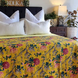 Mustard Peony Kantha Bedspread Coverlet - Mustard (King - 228 cm x 274 cm) - Rear View