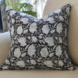 1x Kolka Black Floral Lounge Decorative Cushion Soft Cotton Cover - Black - Front View