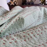 Green Berries Kantha Bedspread Coverlet - Green (King - 228 cm x 274 cm) - Side View