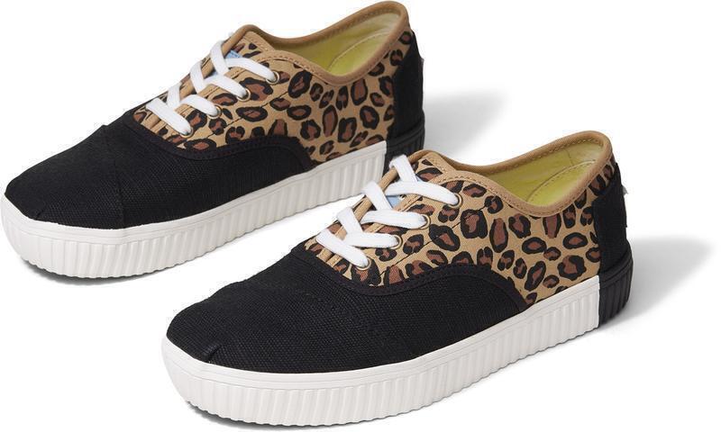 TOMS Women's Low-Cut Lace-Up Platform Sneakers - Black/Leopard - Size 6 US