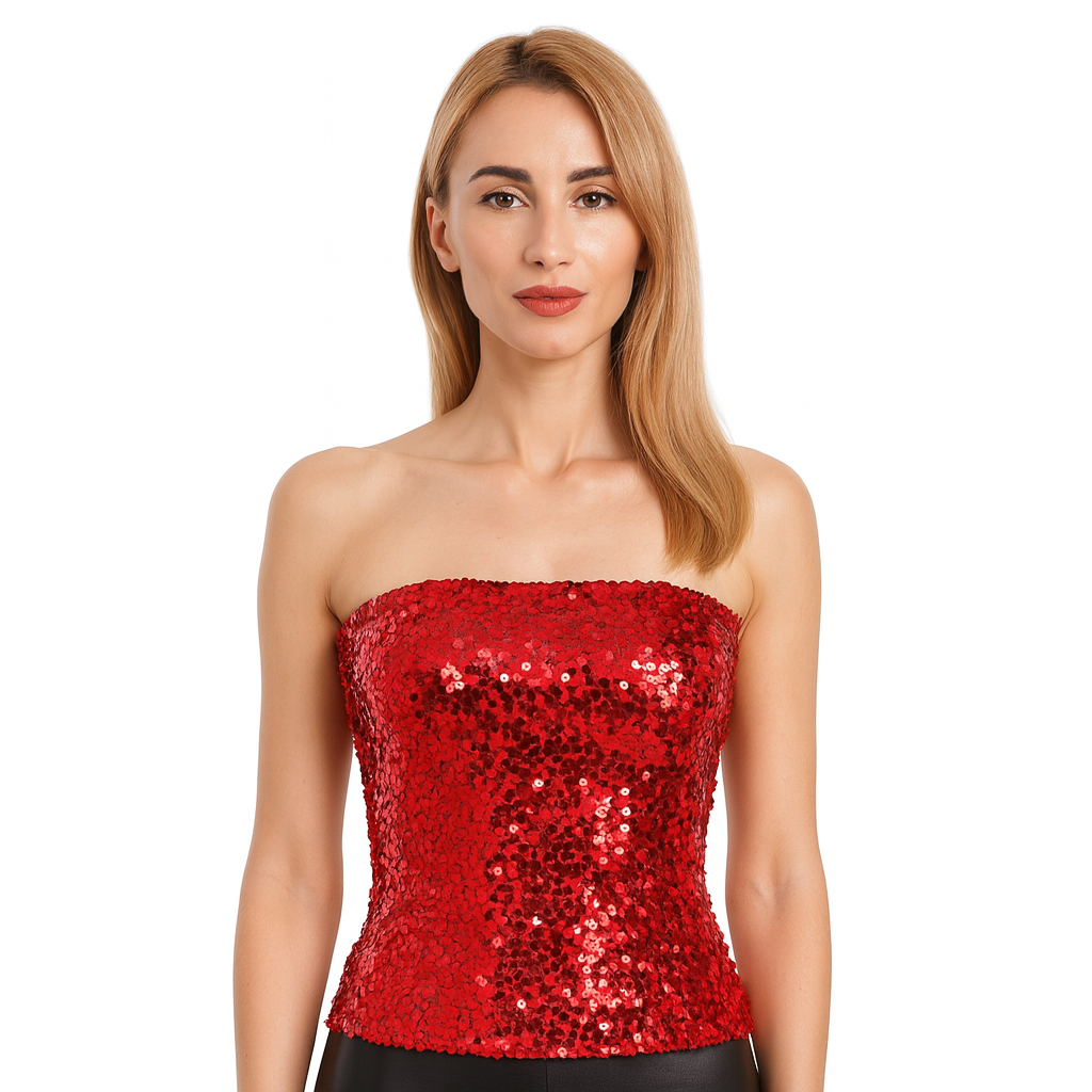 Red Sparkling Sequin Bandeau Crop Top - Perfect for Parties and Costumes