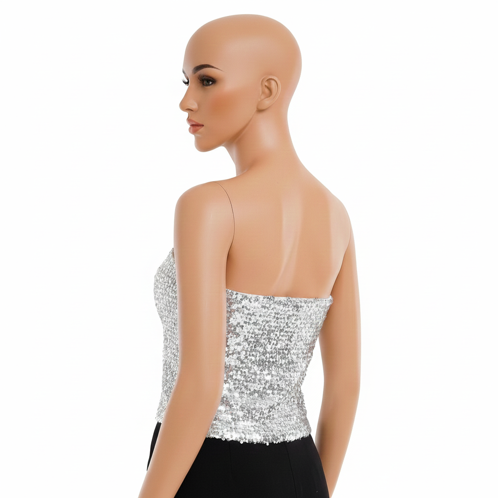 Sparkling Silver Sequin Bandeau Crop Top - Perfect for Parties and Costumes