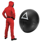 Adult Squid Game Guard Tracksuit Red Full Party Costume Set w/ Mask - Triangle Mask - S/M - Side View