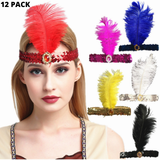 12x 1920s FLAPPER HEADBAND Headpiece Feather Sequin Charleston Gatsby Party BULK - Assorted Colours Pack - Top-Down View