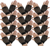 12 Pair Fishnet Gloves Fingerless Wrist Length 70s 80s Costume Party - Black - Front View
