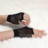 12 Pair Fishnet Gloves Fingerless Wrist Length 70s 80s Costume Party - Black - Top-Down View
