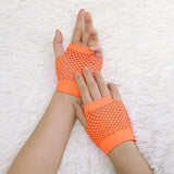 12 Pair Fishnet Gloves Fingerless Wrist Length 70s 80s Costume Party - Orange - Side View