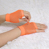 12 Pair Fishnet Gloves Fingerless Wrist Length 70s 80s Costume Party - Orange - Top-Down View
