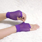 12 Pair Fishnet Gloves Fingerless Wrist Length 70s 80s Costume Party - Purple - Side View