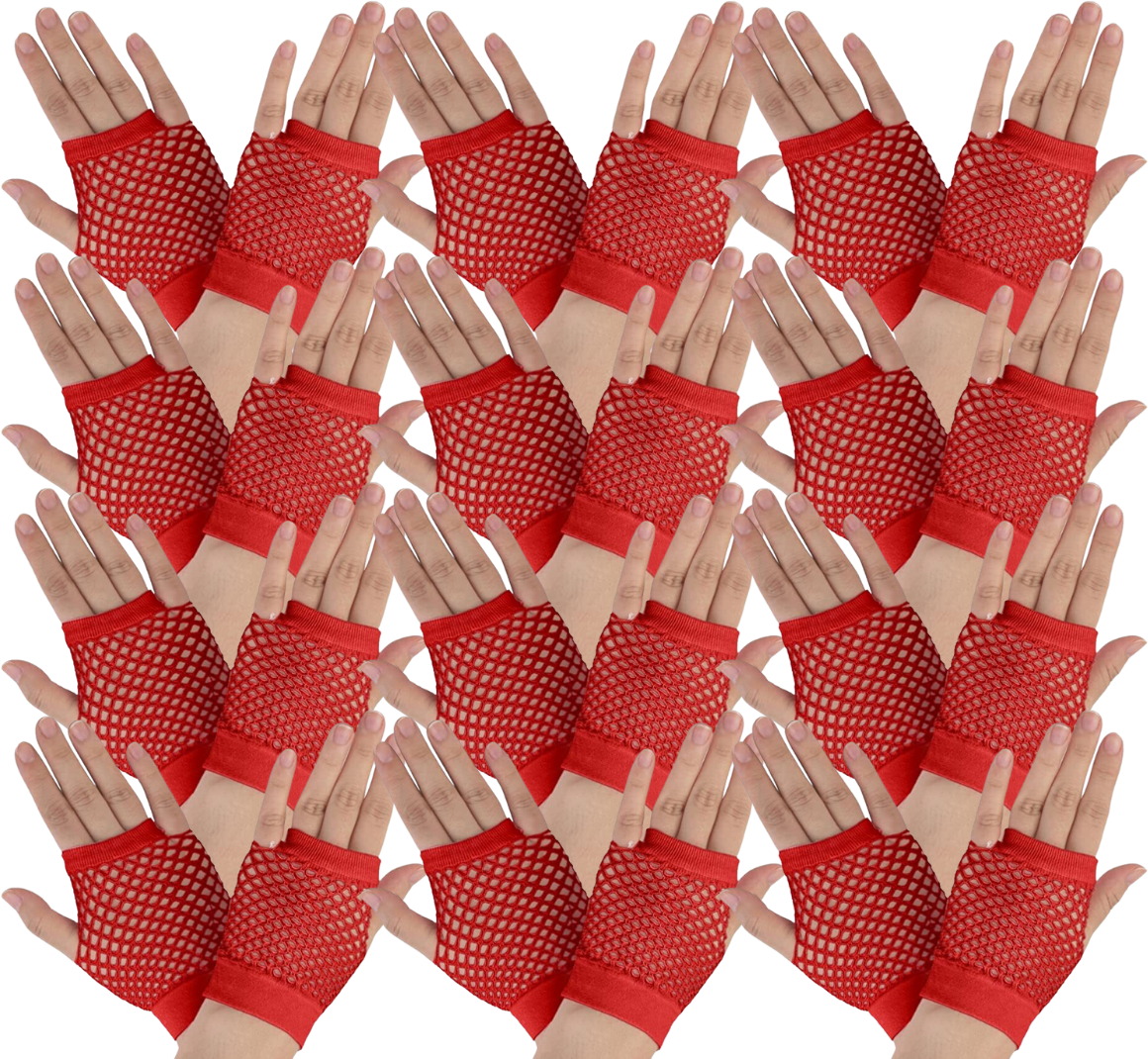 12 Pack Red Fingerless Fishnet Gloves - 70s & 80s Costume Party Accessories