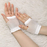 12 Pack Fingerless Fishnet Wrist Gloves for 70s and 80s Costume Parties - White - Side View