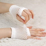 12 Pack Fingerless Fishnet Wrist Gloves for 70s and 80s Costume Parties - White - Top-Down View