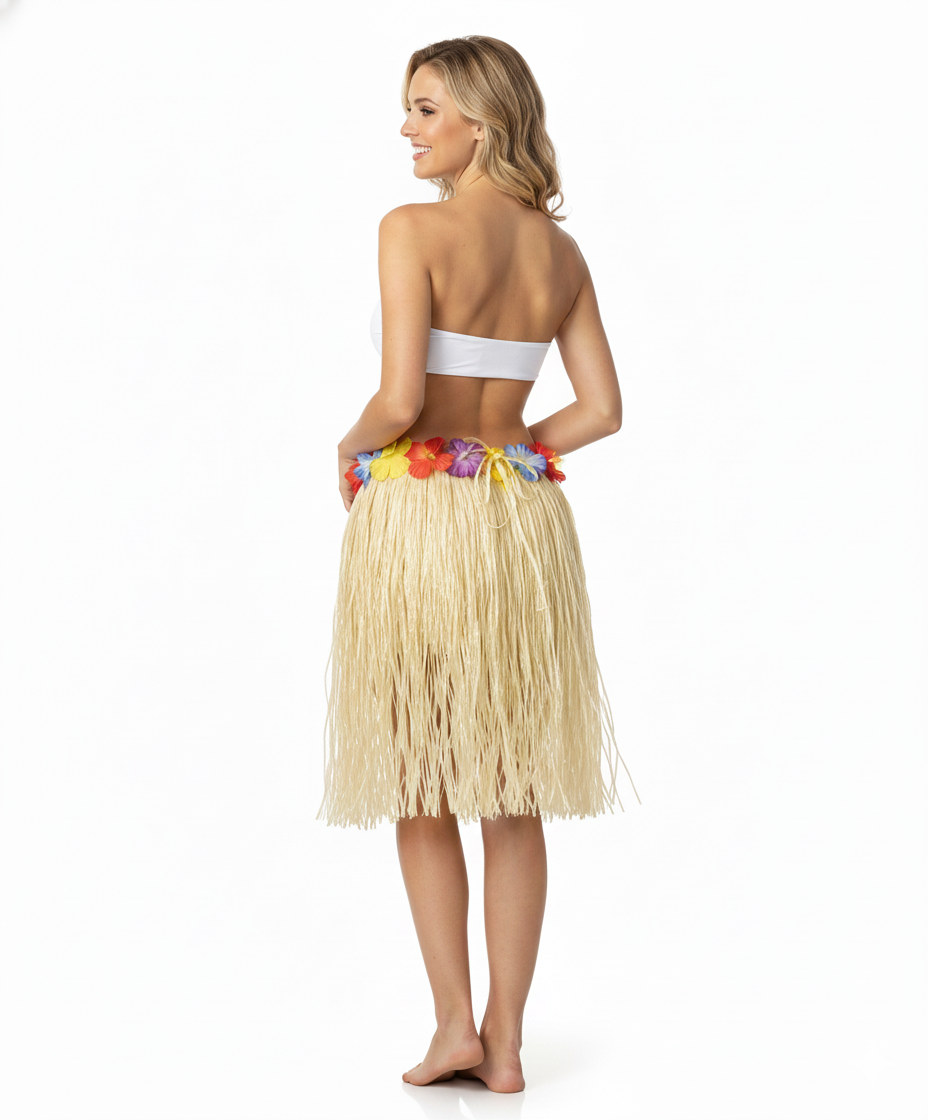 Tropical 40cm Hawaiian Hula Skirt with Grass Flowers and Lei for Adult Costumes