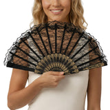 Lace Folding Hand Fan Bridal Wedding Party Spanish Costume Accessory - Black - Front View
