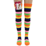 Womens Over Knee Socks Striped Thigh High Stockings Long Stretch - Pink Rainbow - Side View