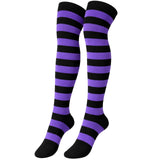 Womens Over Knee Socks Striped Thigh High Stockings Long Stretch - Black/Purple - Side View