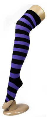 Womens Over Knee Socks Striped Thigh High Stockings Long Stretch - Black/Purple - Top-Down View