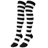 Womens Over Knee Socks Striped Thigh High Stockings Long Stretch - Black/White - Side View