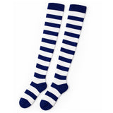 Womens Over Knee Socks Striped Thigh High Stockings Long Stretch - Blue/White - Top-Down View