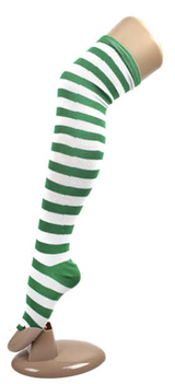 Womens Over Knee Socks Striped Thigh High Long Stockings - Dark Green/White - Top-Down View