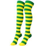 Womens Over Knee Socks Striped Thigh High Stockings Long Stretch - Green/Gold - Side View