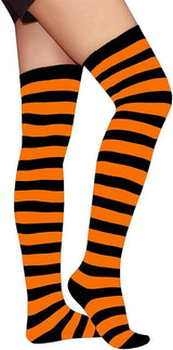 Womens Over Knee Socks Striped Thigh High Stockings Long Stretch - Orange/Black - Front View
