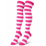Womens Over Knee Socks Striped Thigh High Stockings Long Stretch - Pink/White - Top-Down View