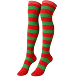 Womens Over Knee Socks Striped Thigh High Stockings Long Stretch - Red/Green - Side View