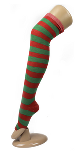 Womens Over Knee Socks Striped Thigh High Stockings Long Stretch - Red/Green - Top-Down View