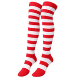 Womens Over Knee Socks Striped Thigh High Stockings Long Stretch - Red/White - Top-Down View
