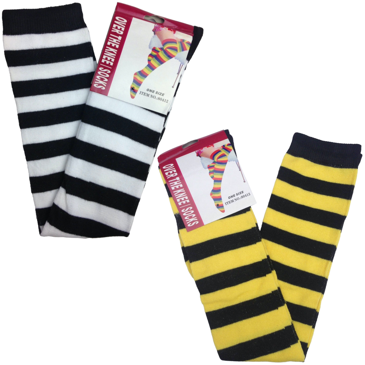 Striped Over The Knee Sock Set in Black, White & Yellow - 2pc Long Stockings