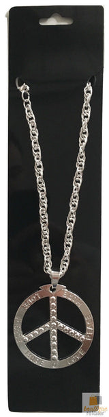 Vintage 70s Peace Symbol Silver Pendant Necklace - Hippie Chain Jewelry for Themed Events - Front View