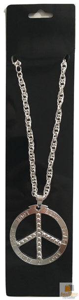 Vintage 70s Peace Symbol Silver Pendant Necklace - Hippie Chain Jewelry for Themed Events - Side View