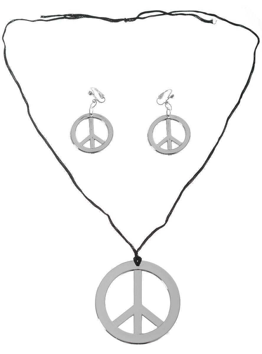Retro Flower Power Peace Symbol Jewelry Set - Necklace and Earrings for 60s & 70s Themed Events - Silver