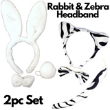 Adorable 2pc Animal Headband Set with Bow and Tail - Rabbit & Zebra Ears for Halloween Fun - Front View