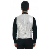 Mens Premium SEQUIN VEST Waistcoat Dance Costume Disco Sparkle Deluxe - Silver - Side View