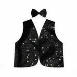 Kids Sparkly Sequin Bow Tie and Vest Costume Set for 80s Themed Parties - Black - Front View