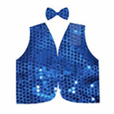 Kids Sparkling Bow Tie and Vest Costume Set for 80s Themed Parties - Blue Sequin Design - Front View