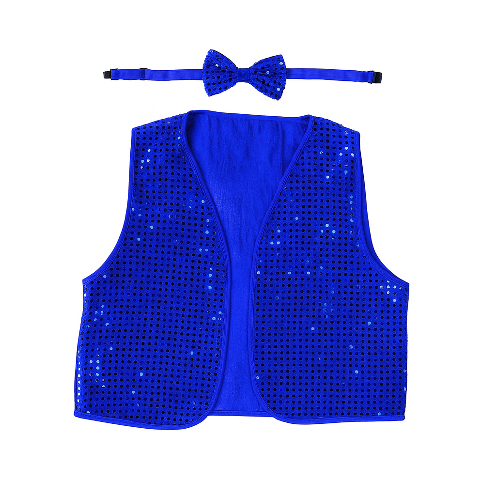 Kids Sparkling Bow Tie and Vest Costume Set for 80s Themed Parties - Blue Sequin Design