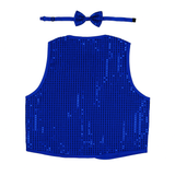 Kids Sparkling Bow Tie and Vest Costume Set for 80s Themed Parties - Blue Sequin Design - Side View