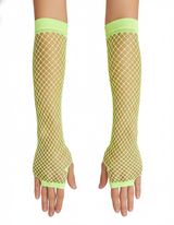 Long Elbow Length Fishnet Gloves Fingerless 70s 80s Womens Costume Party Dance in Fluro Yellow