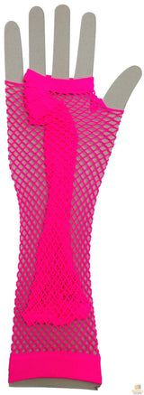 FISHNET GLOVES Fingerless Elbow Length 70s 80s Womens Costume Party Dance - Hot Pink - One Size - Top-Down View