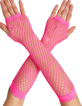 Long Elbow Length Fishnet Gloves Fingerless 70s 80s Womens Costume Party Dance in Hot Pink - Front View