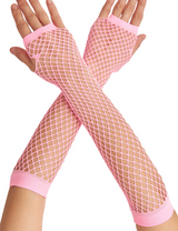 Long Elbow Length Fishnet Gloves Fingerless 70s 80s Womens Costume Party Dance in Light Pink - Front View