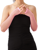 Long Elbow Length Fishnet Gloves Fingerless 70s 80s Womens Costume Party Dance in Light Pink - Side View