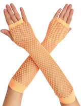 Long Elbow Length Fishnet Gloves Fingerless 70s 80s Womens Costume Party Dance in Orange - Front View