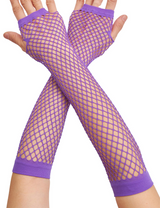Long Elbow Length Fishnet Gloves Fingerless 70s 80s Womens Costume Party Dance in Purple - Front View