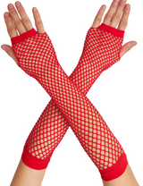Long Elbow Length Fishnet Gloves Fingerless 70s 80s Womens Costume Party Dance in Red - Front View