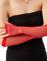 Long Elbow Length Fishnet Gloves Fingerless 70s 80s Womens Costume Party Dance in Red - Side View